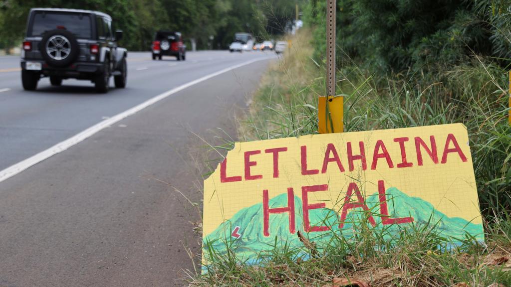 A handpainted sign in yellow, red and green reads 