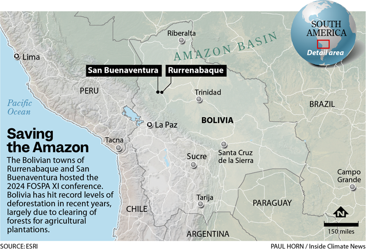 A map of South America showing Bolivia in the center.